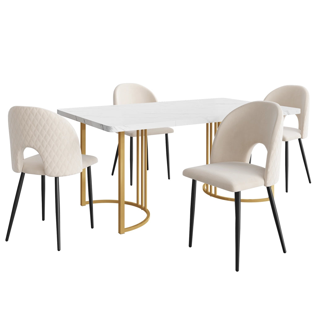 Tavolo da pranzo per 4 persone con 4 sedie in velluto, piano effetto marmo, struttura in metallo, beige, 140 × 80 cm