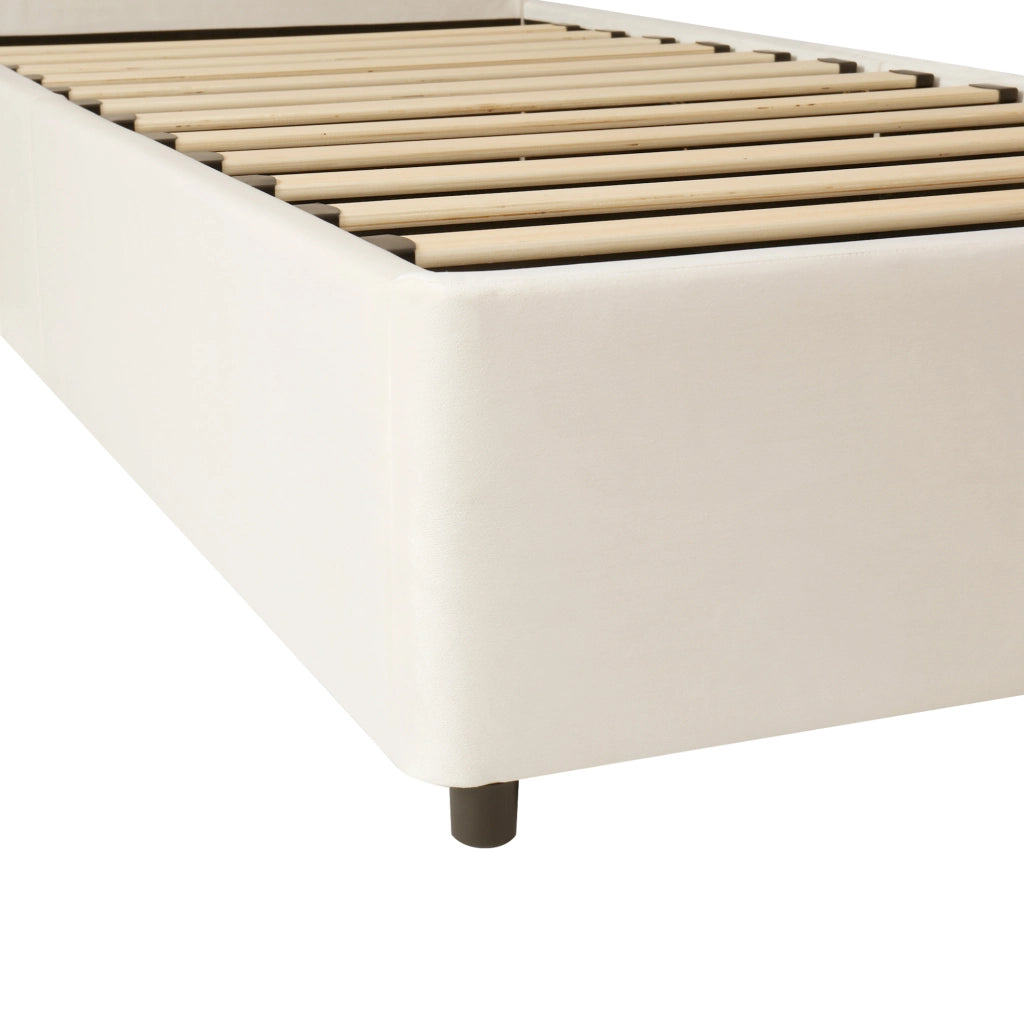 Letto singolo imbottito in velluto beige con contenitore idraulico e testiera