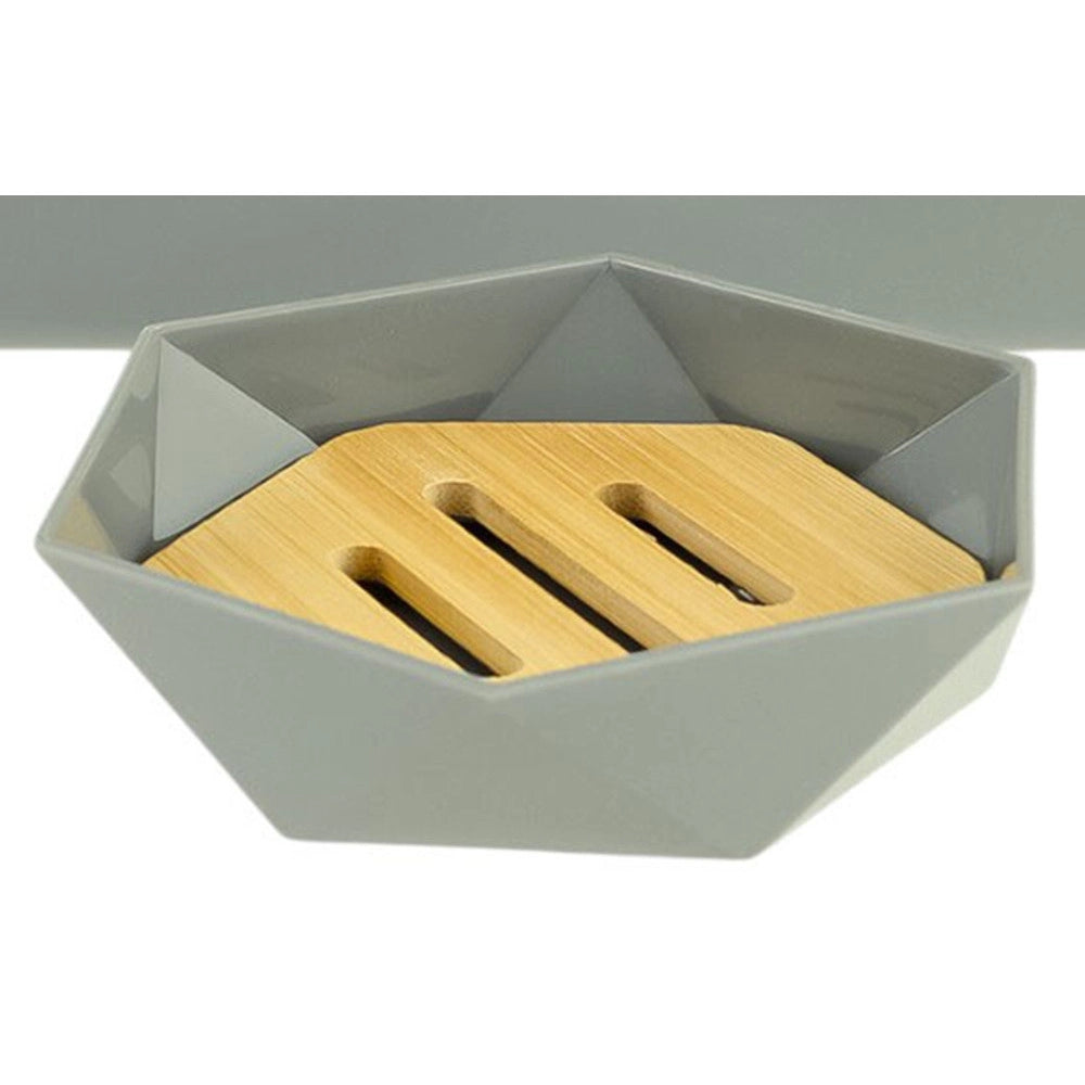 Trade Shop - Piattino Porta Sapone Saponetta Forma Esagonale Geometrico Grigio Legno Da Bagno 10848 -