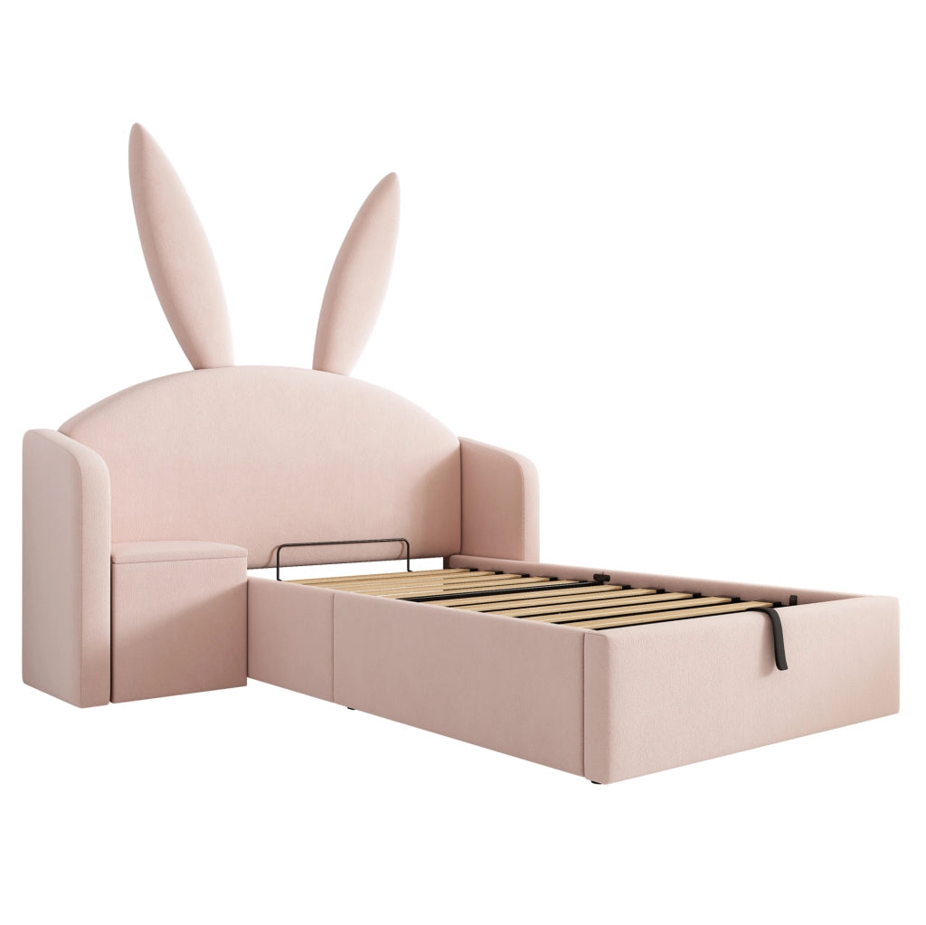 Letto imbottito 90x200 cm con comodino e contenitore in velluto rosa