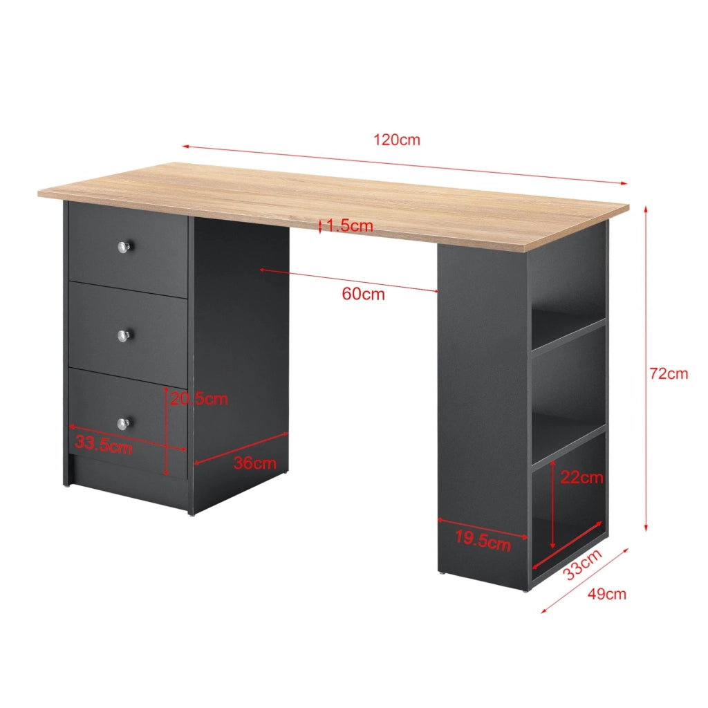 Scrivania/postazione computer con 3 cassetti 120 cm grigio scuro e legno 03_0004712