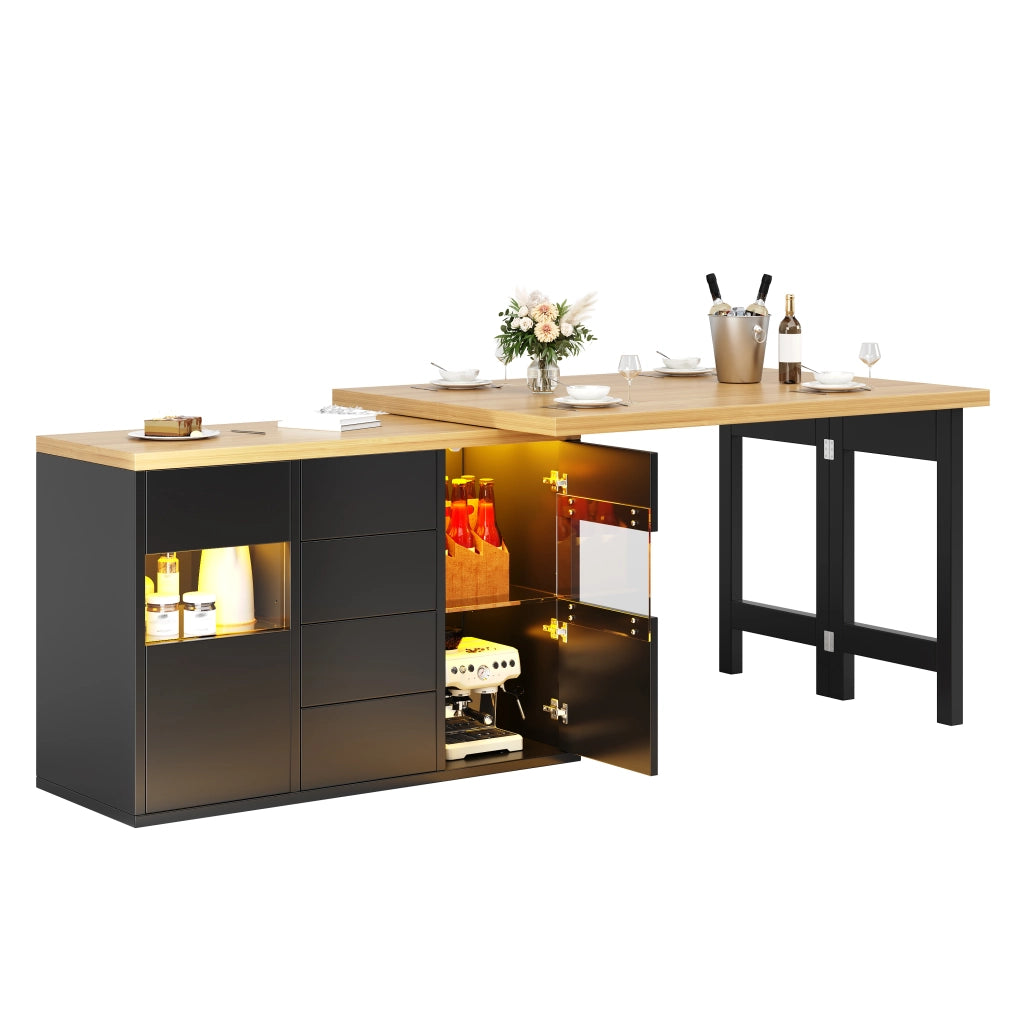 Dispensa da cucina con 4 cassetti; ante in vetro e LED RGB; piano girevole 360°; per cucina; nero; 120 × 40 × 73.8 cm