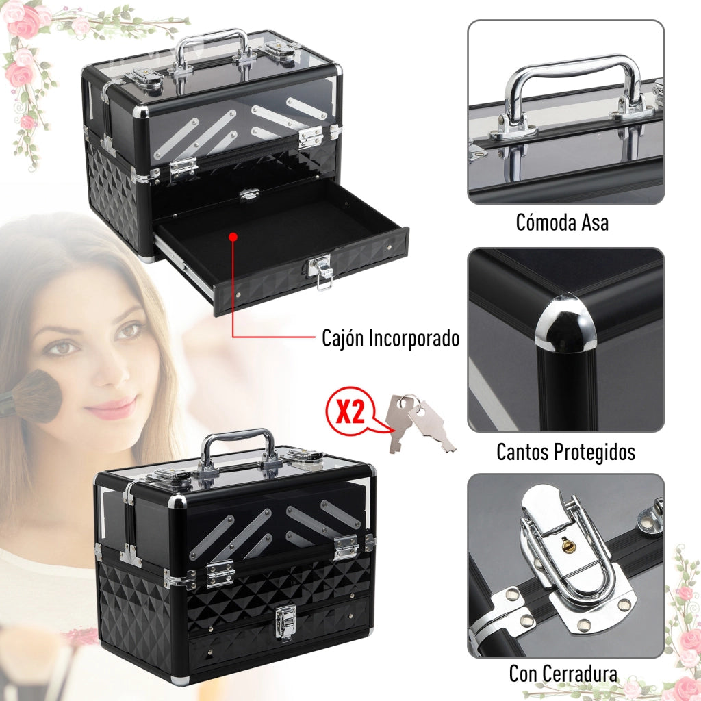 Organizzatore Portatile per Trucco e Gioielli con Bandeje Estraibili ¨C Zephmum ¨C 30x18,5x22 cm Trasparente e Nero