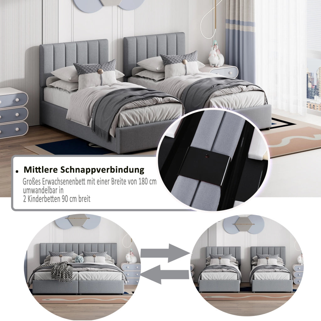 Letto Contenitore Matrimoniale 180x200 cm; 2 Posti; con Rete a Doghe e Testiera Regolabile; Grigio