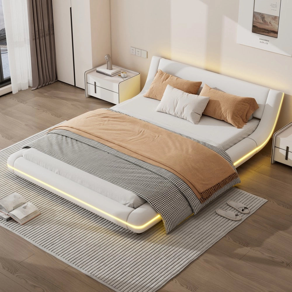 Letto Basso con LED ¨C MINIMAL ¨C PU Bianco 140x200
