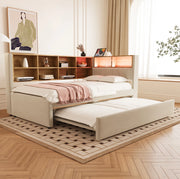 Divano letto multifunzione con letto estraibile, LED, prese e ampio spazio contenitivo