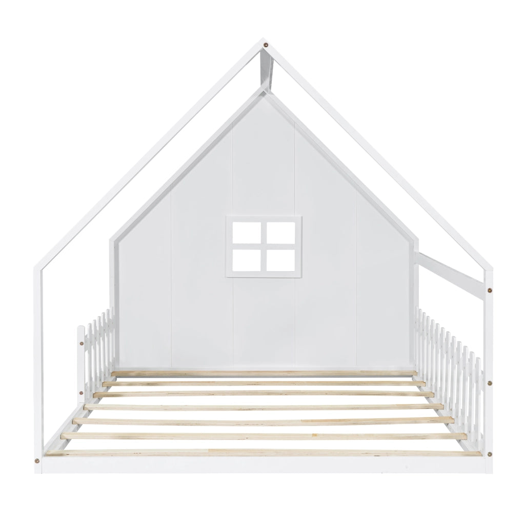 Letto a Casetta 140×200 cm; Letto Singolo con Sponda; per Bambino; senza Materasso; in Pino e MDF; Bianco