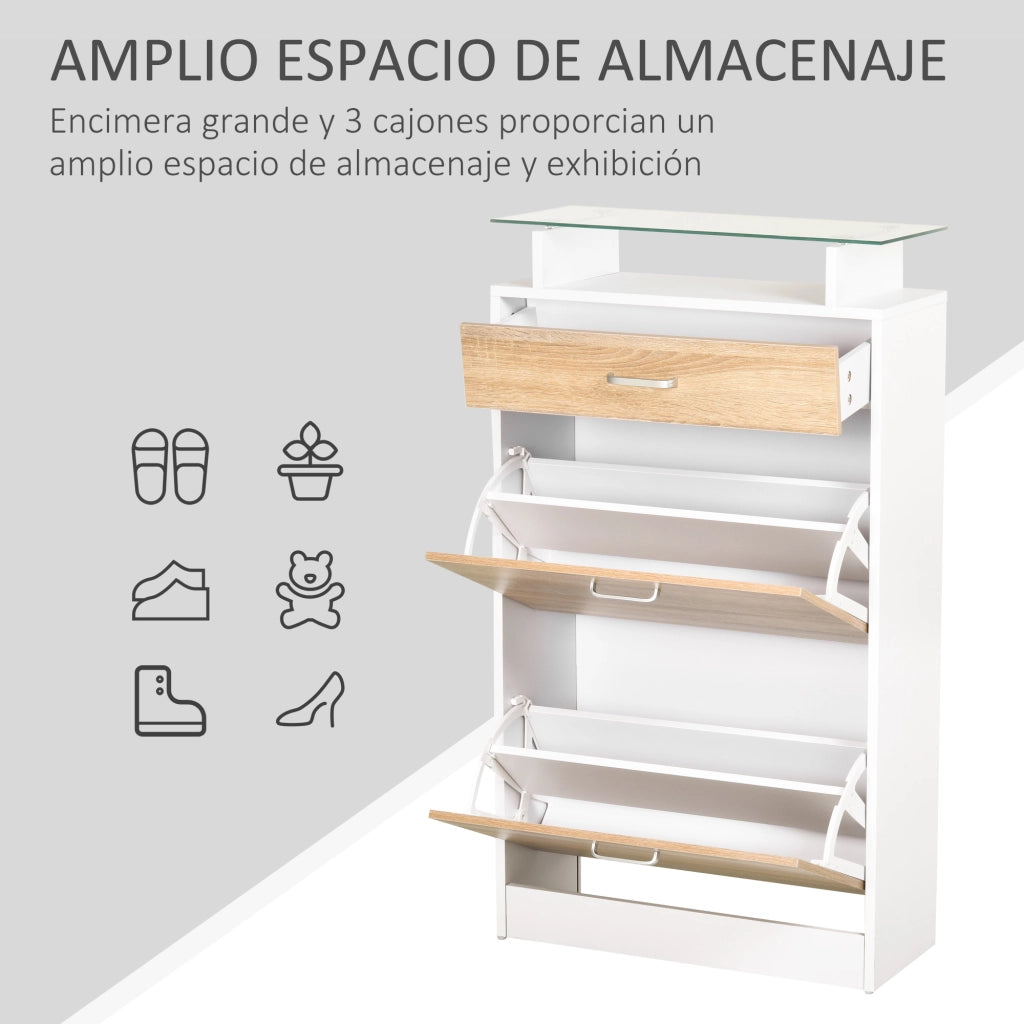 Armadio Scarpiere con 3 Cassetti e Ripiano in Vetro ¨C Zephmum ¨C 60x24x105,5 cm Naturale