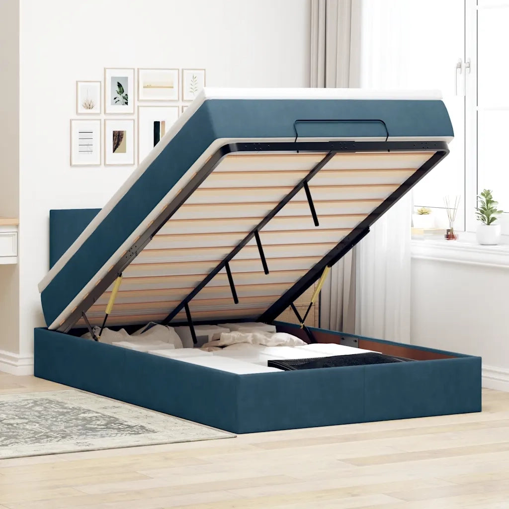 Struttura Letto Pouf con Materasso Blu Scuro 120x200 cm Velluto