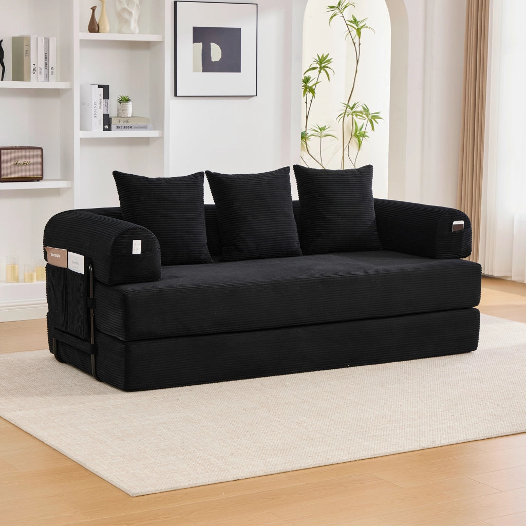 DIVANO modulare 200x94x67 cm in velluto a coste nero con 3 cuscini
