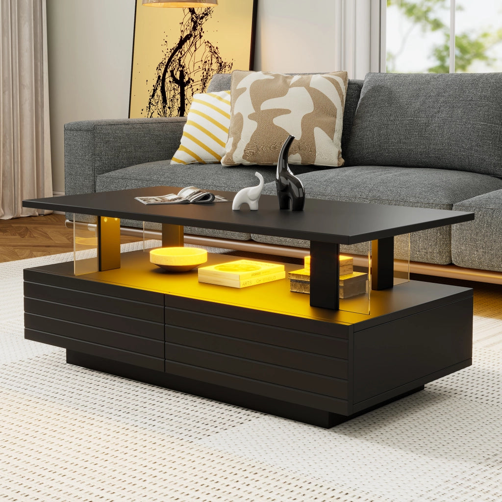 TAVOLO DA CAFFÈ LED 100x50x42 cm in acrilico nero con 2 cassetti