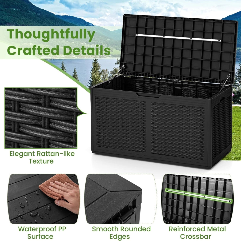 Scatola da giardino da 380 l, impermeabile, con coperchio e 2 ruote, per balcone, terrazza e cortile, 111 x 56 x 61 cm (nero)