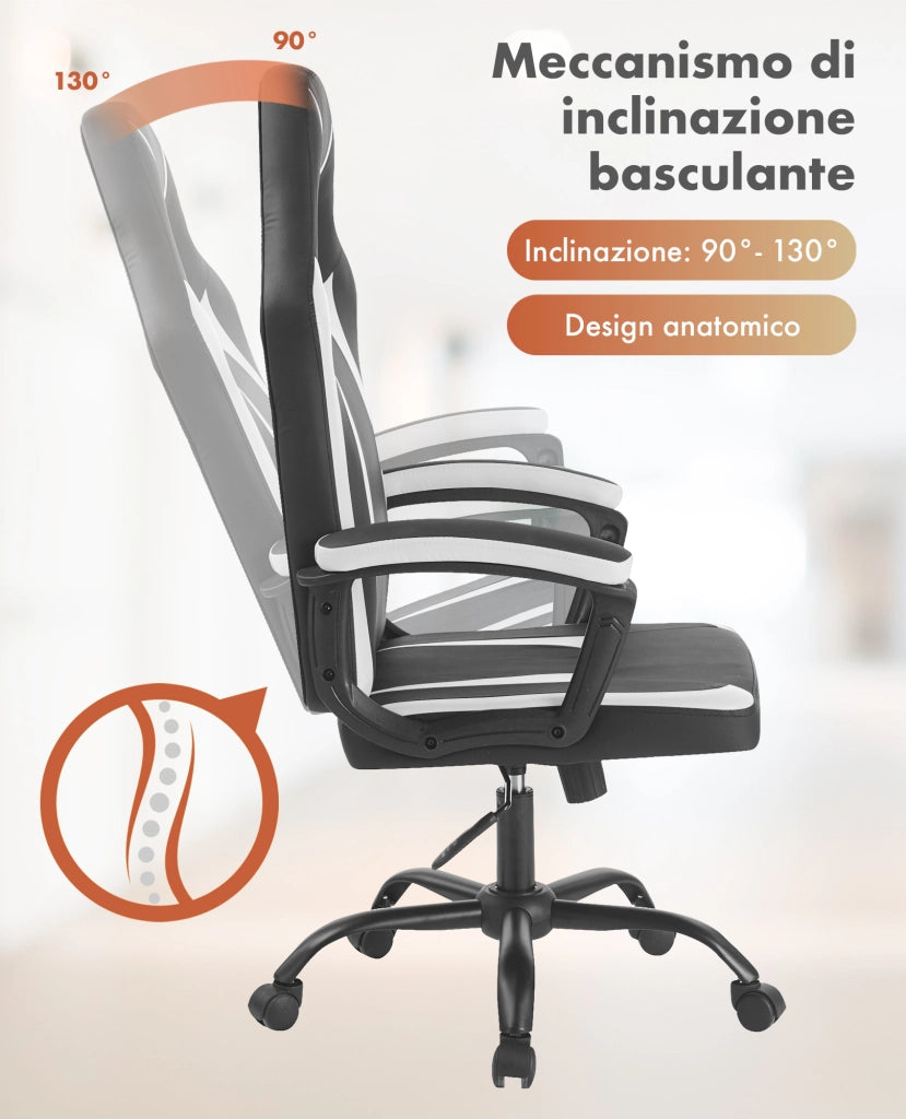 Sedia Gaming Adulto Professionale SimilPelle Reclinabile Con Braccioli Poltrona Ufficio Regolabile in Altezza Pistone Gas Gamer Portata 150 Kg Bianco