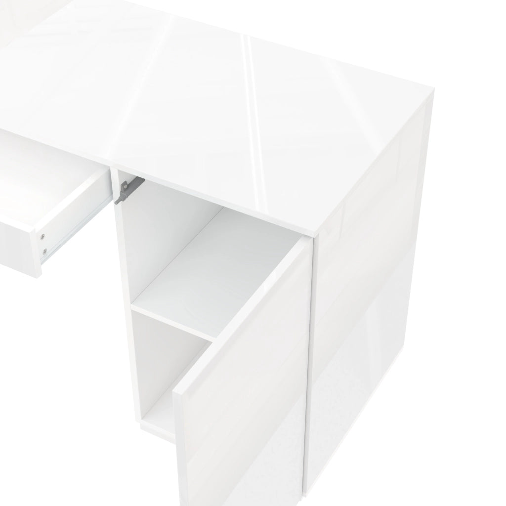 Scrivania moderna lucida 140 x 50 cm con LED, 1 cassetto, 2 ante e ampio spazio contenitivo, bianco