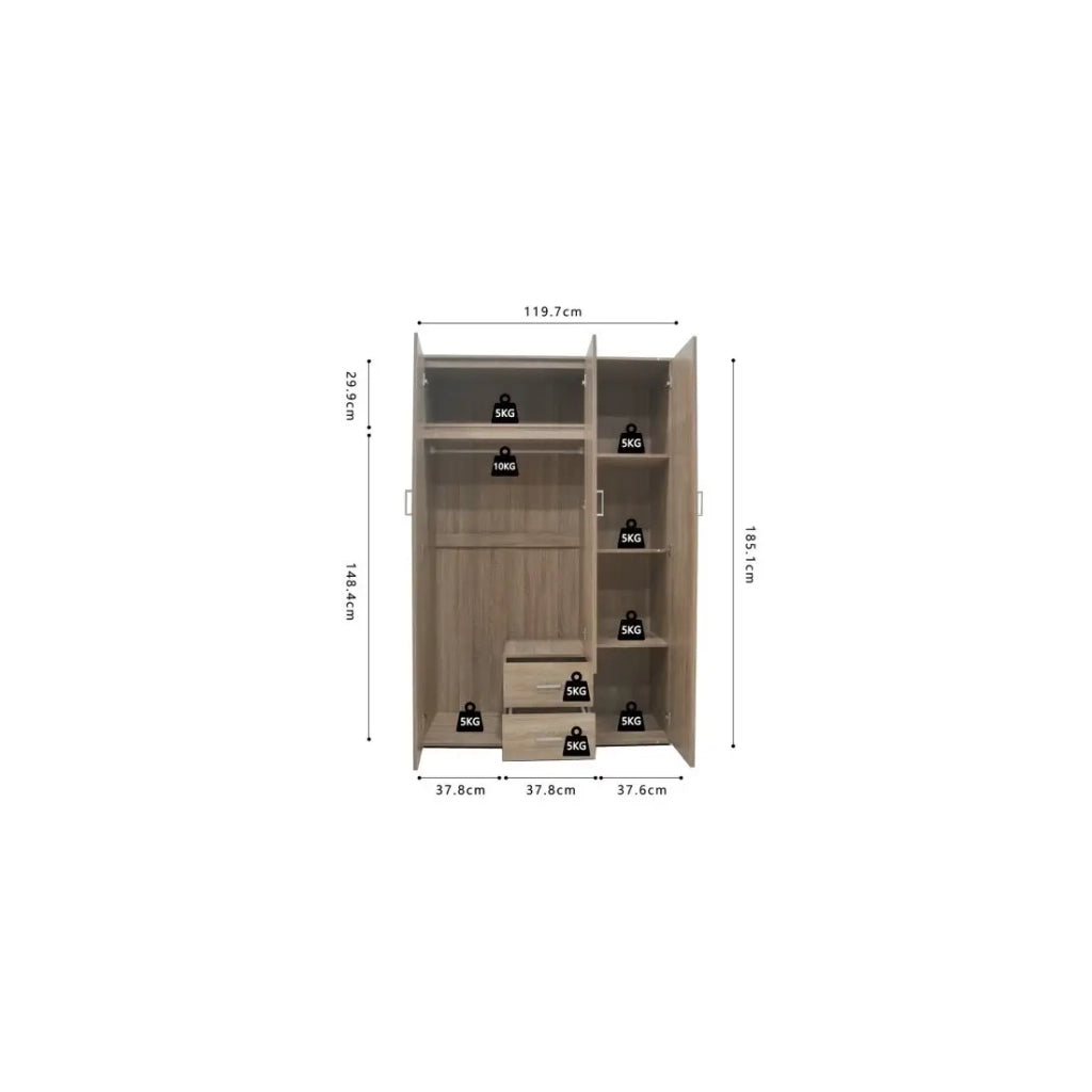 Armadio TOM 3 ante – Quercia Sonoma – Con specchio – L120 x H185 cm