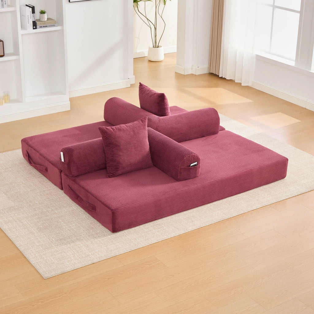 Divano modulare con struttura in metallo, tasca laterale e 3 cuscini, in velluto a coste rosso vino 200 × 94 × 67 cm