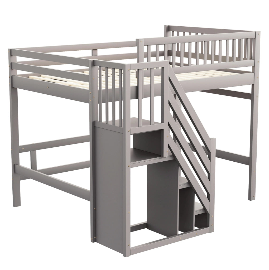 Letto a soppalco 140x200 cm con scala contenitore in pino; compensato e MDF grigio