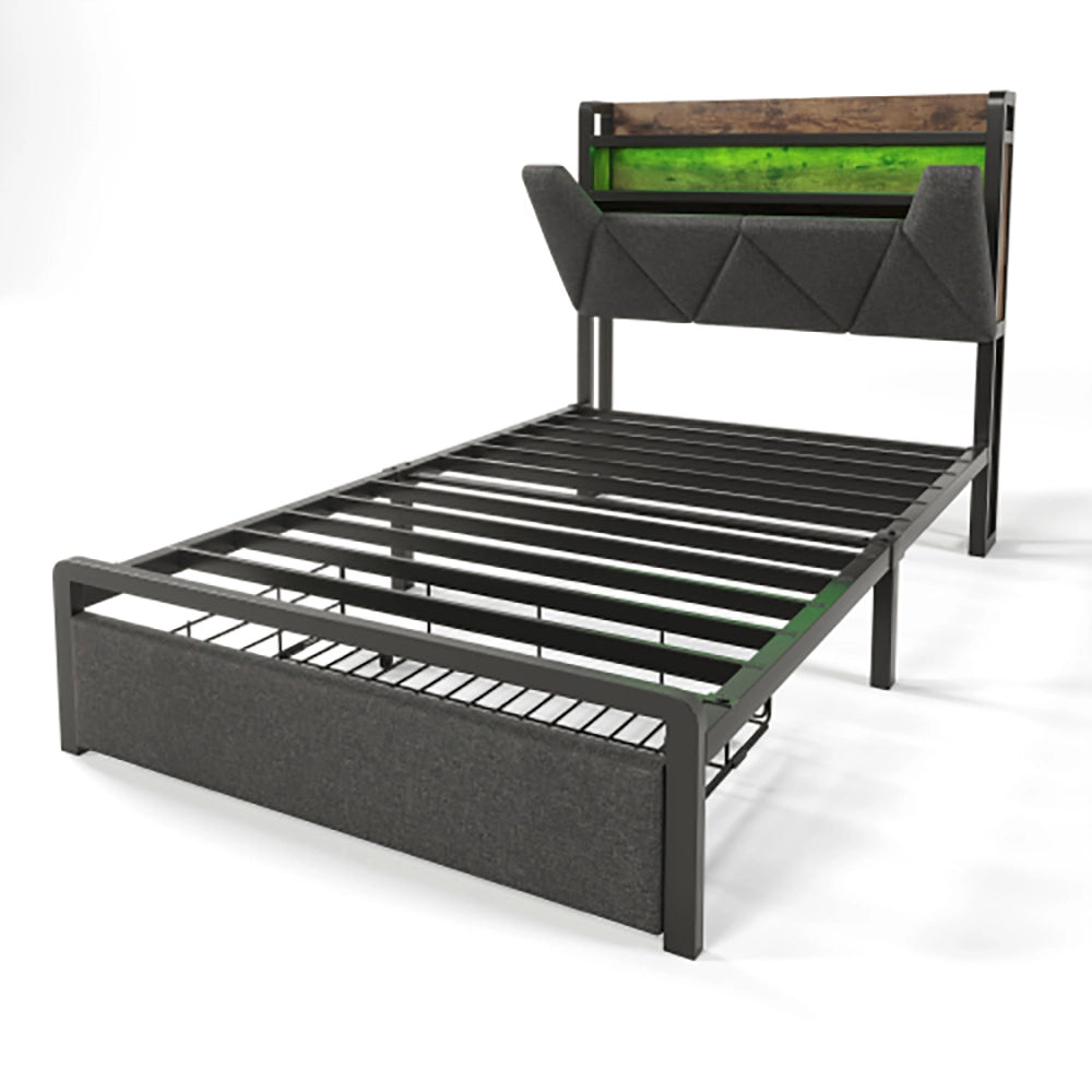 Letto singolo imbottito - Xylo - 90x200 cm - Grigio - Tiroir, USB-C, sommier in metallo