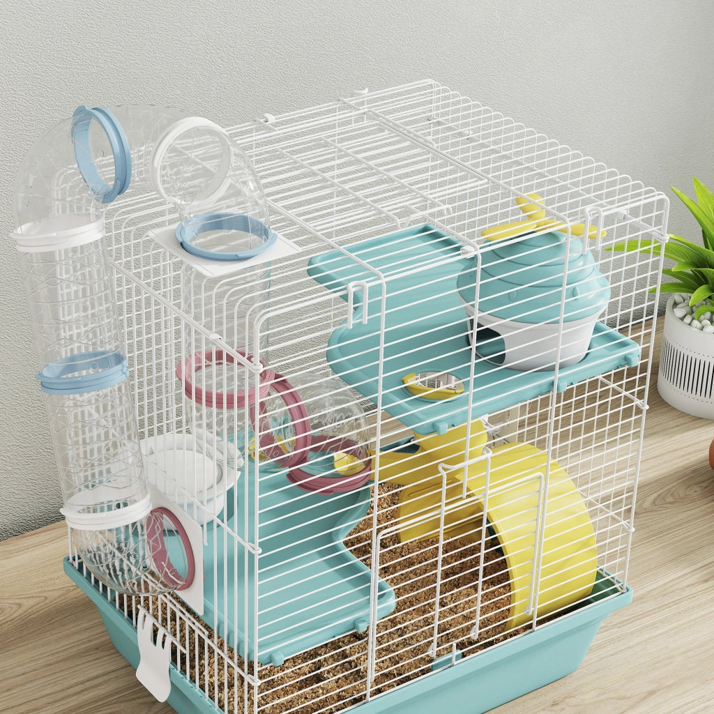 Gabbia per Criceti a 3 Livelli 34,5x27,5x41 cm 12 Tubi con Casetta Rampa e Accessori in Metallo e Plastica Grigio