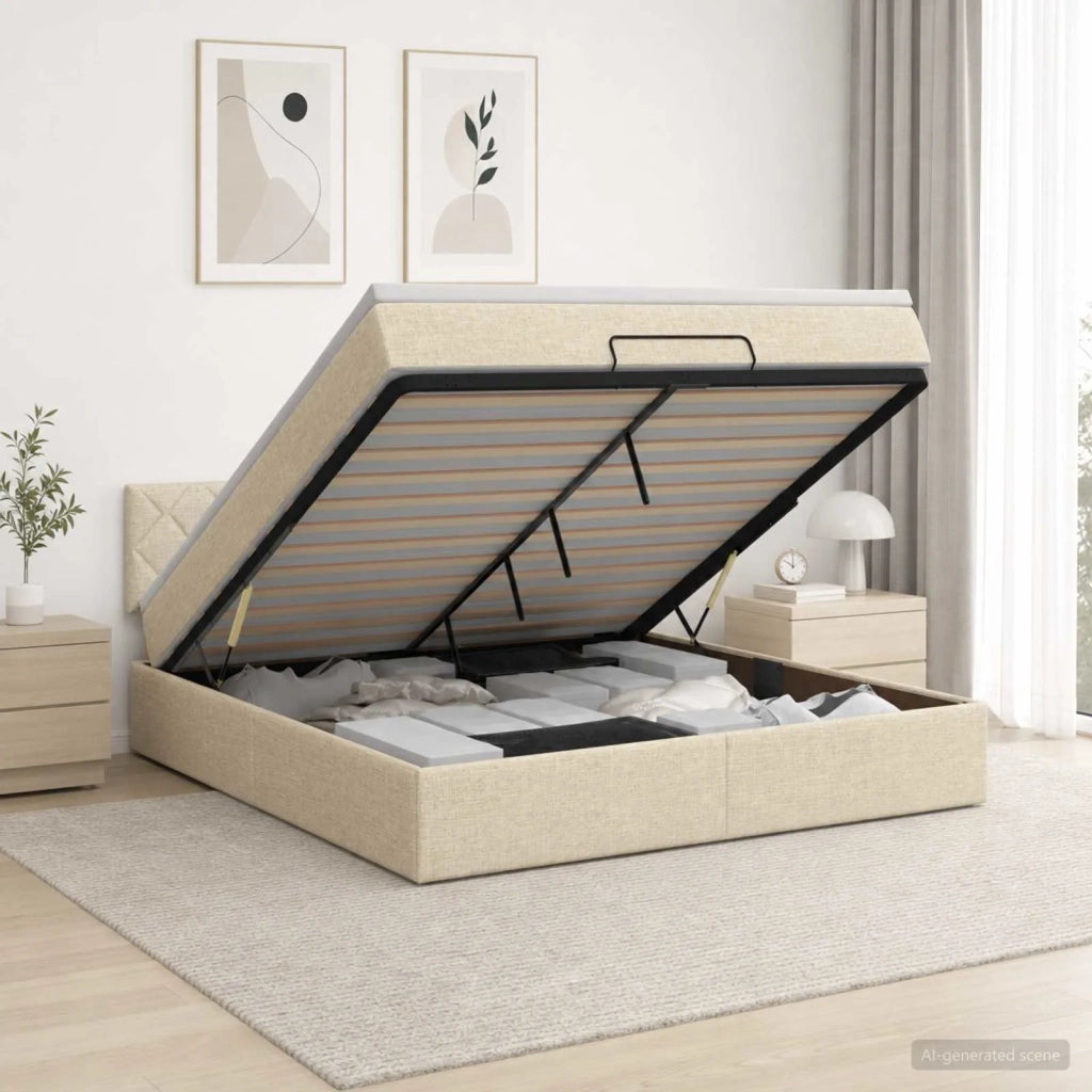 Letto Ottomano con Materasso e LED Crema 180 x 200 cm Tessuto 3457014