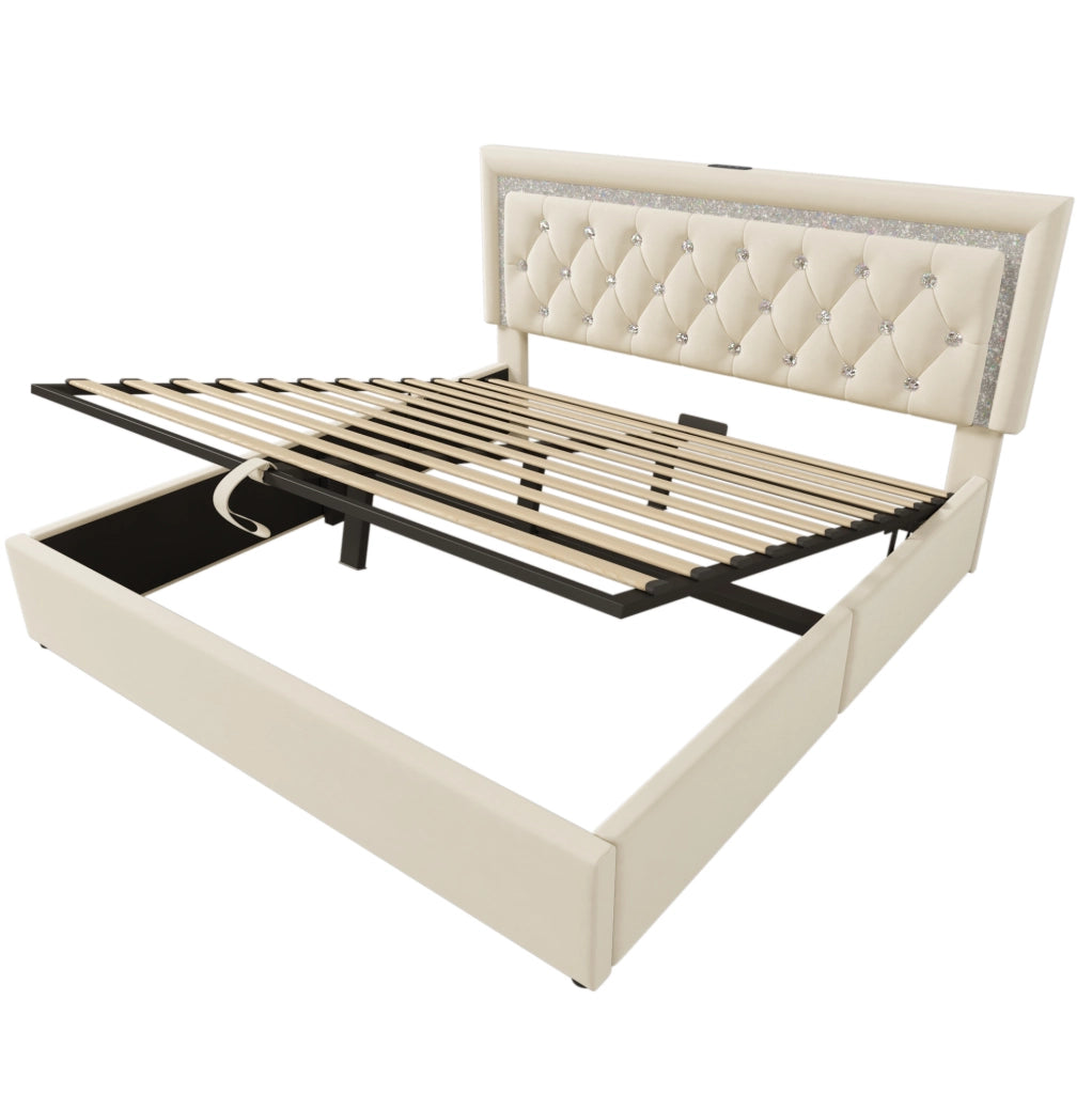 Letto matrimoniale imbottito 160x200 cm in velluto beige con LED; USB; contenitore e materasso