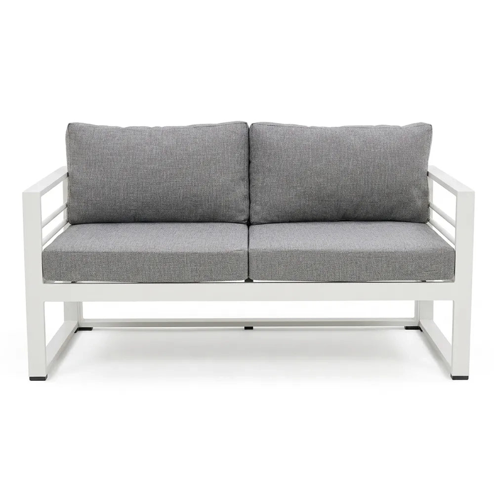 Salottino 2 posti LEROS in alluminio colore bianco tessuto grigio chiaro per spazi aperti con cuscineria sfoderabile.