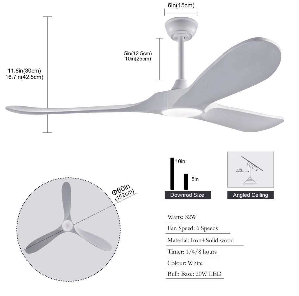 Ventilatore da soffitto 60 pollici con luce LED; telecomando; 3 pale in legno massello; bianco