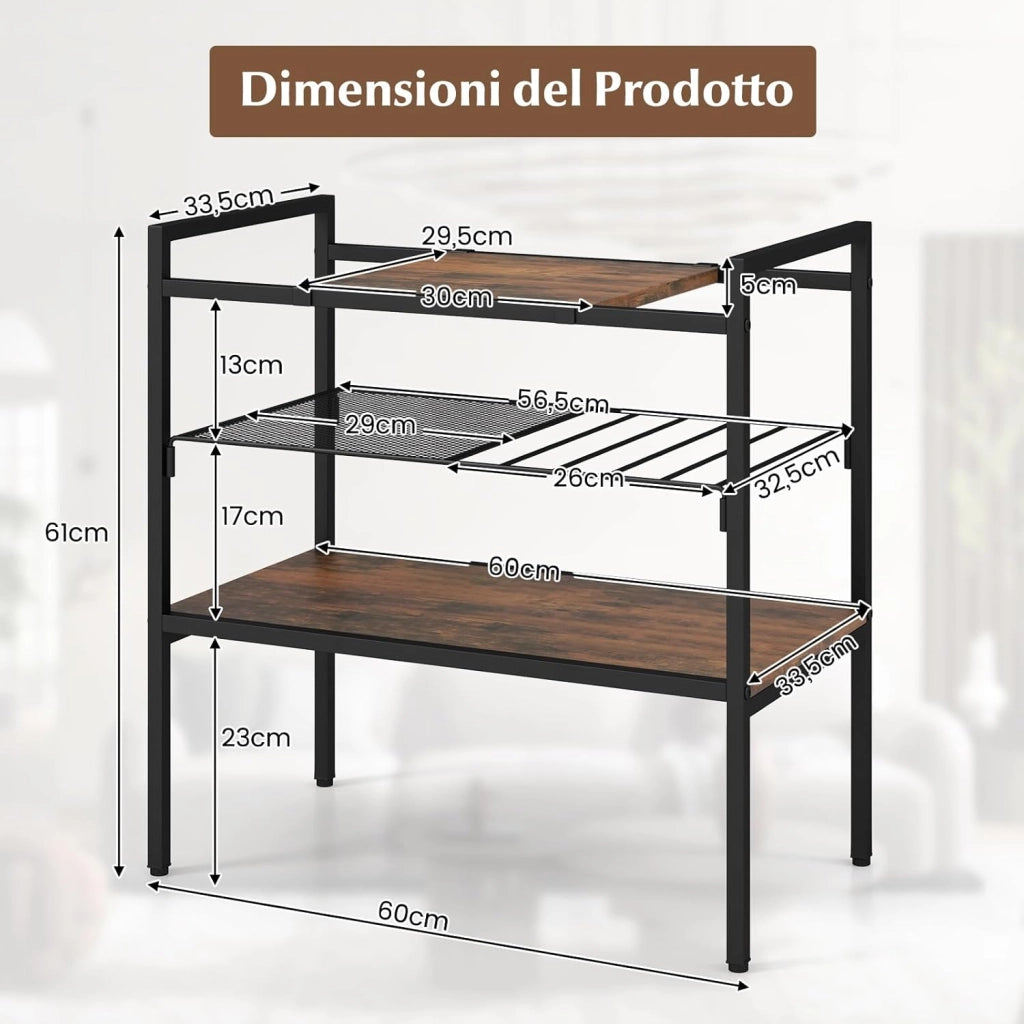 Tavolino Basso da Divano a 3 Livelli con Struttura in Metallo, Pannello Rimovibile, Ripiano in Rete e Piedini Regolabili, Tavolino Industriale da Salotto, Ingresso e Studio