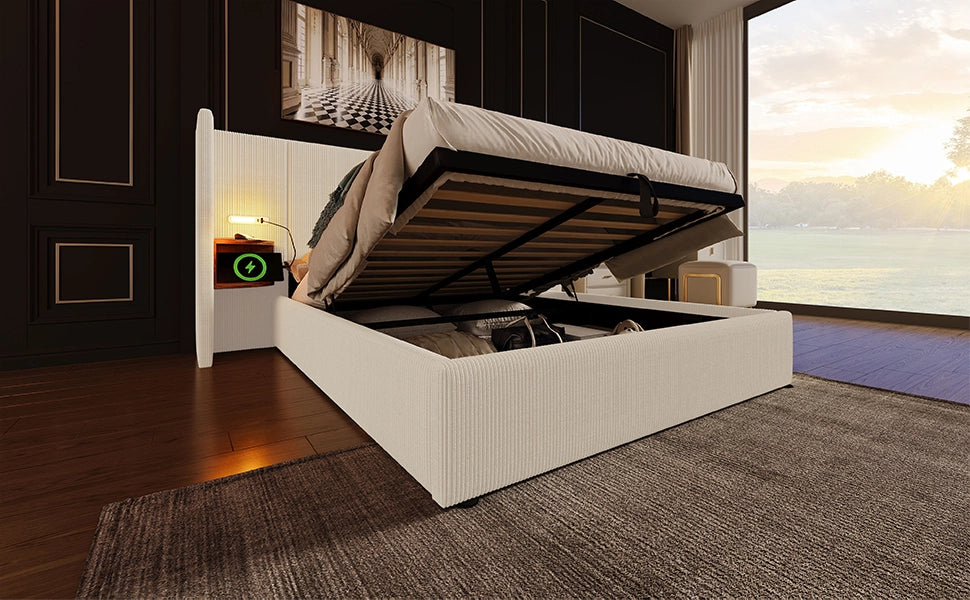 DESMIU Letto Matrimoniale Contenitore con USB, USB-C e Lampada da Lettura 160 × 200 cm, Senza Materasso, Beige
