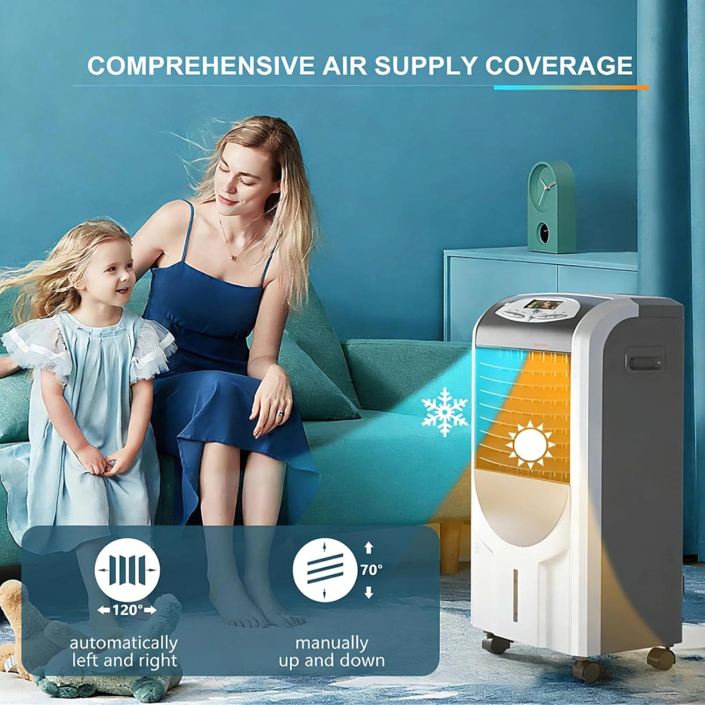 Ventilatore 5 in 1, Ventilatore, Riscaldatore, Purificatore d'Aria, Umidificatore & Raffrescatore, 3 Velocità, Serbatoio Acqua 7L, Timer 8H, Telecomando, per Salone, Camera da Letto, Ufficio