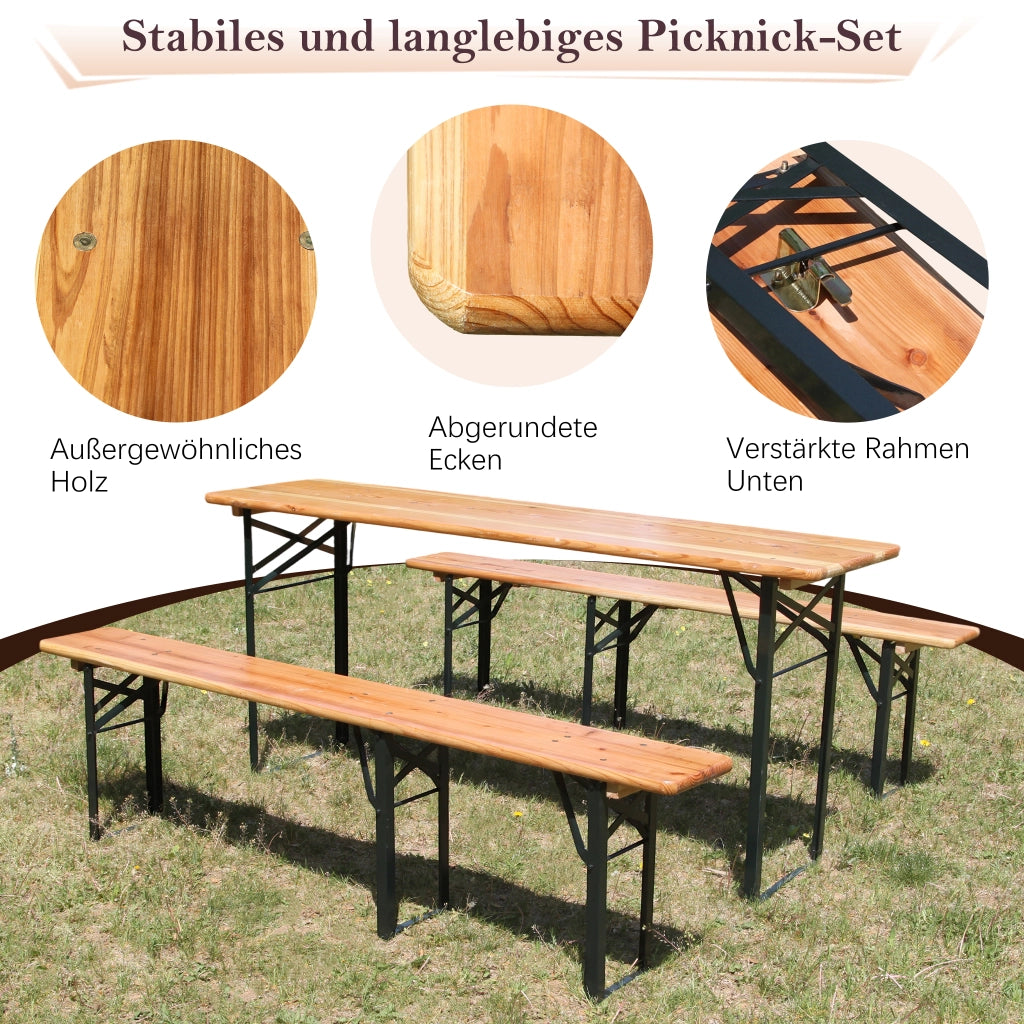 Set Tavolo e Sedie da Giardino con 1 Tavolo Pieghevole e 2 Panche Pieghevoli; Legno e Metallo; Naturale