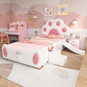 Letto bambino-Xylo-90x200 cm-testo zampa gatto, scivolo, scala, bianco+rosa