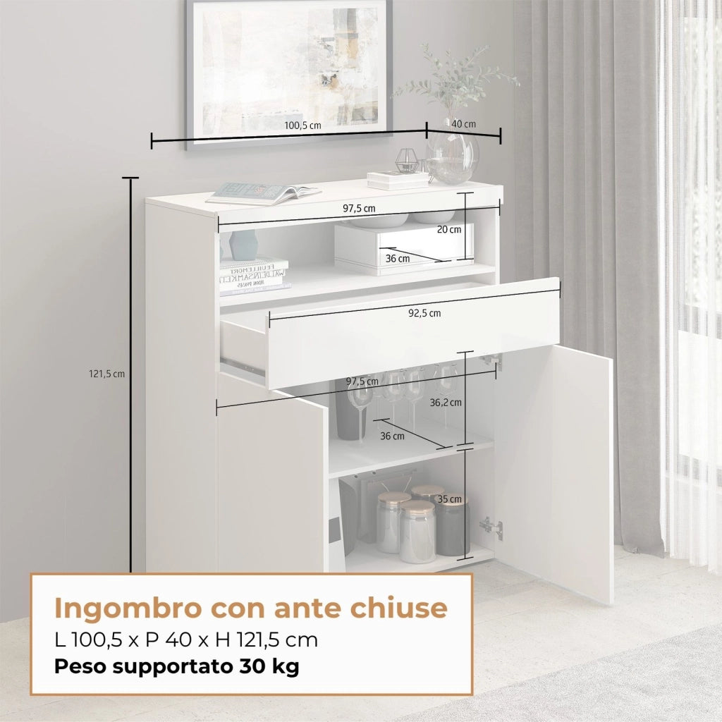 WHOUS Credenza Potenza con 2 ante e 1 cassetto bianco lucido 100x40x121,5 cm