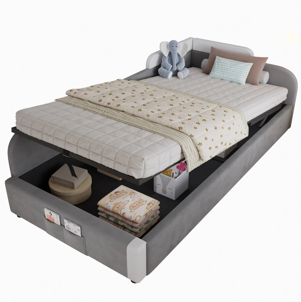 Letto imbottito 90x200 cm con contenitore idraulico e sponda morbida in velluto