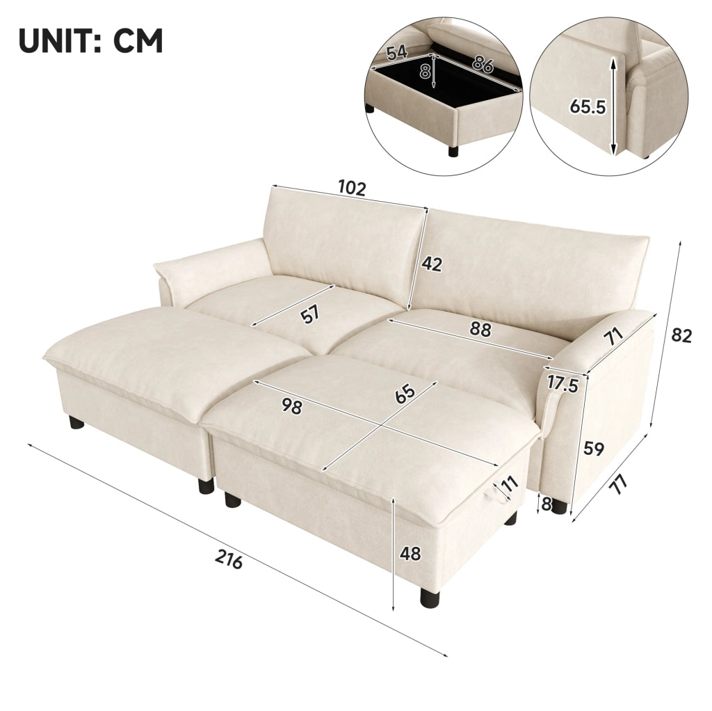 Divano modulare convertibile in letto in chenille Beige 216x77x82 cm