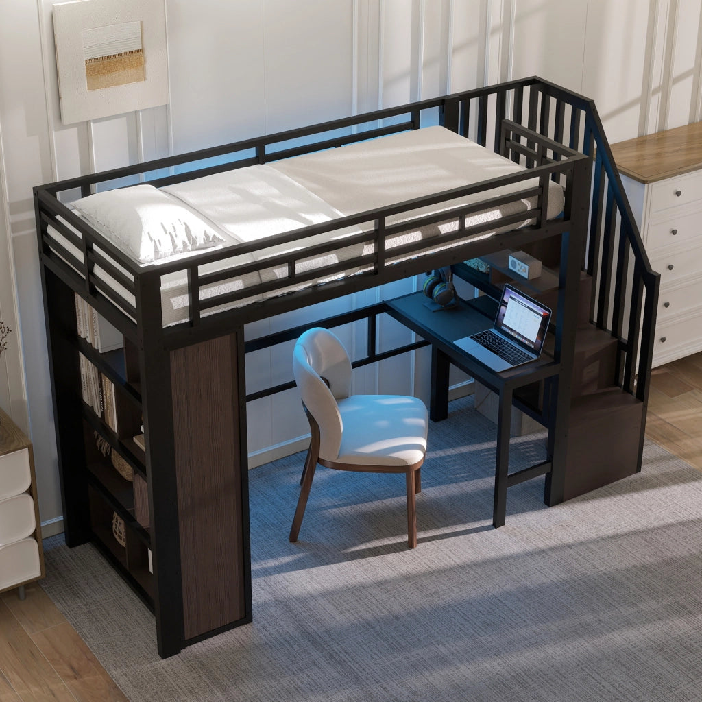 LETTO a soppalco 90x200 cm in metallo nero con scrivania e ripiani, senza materasso