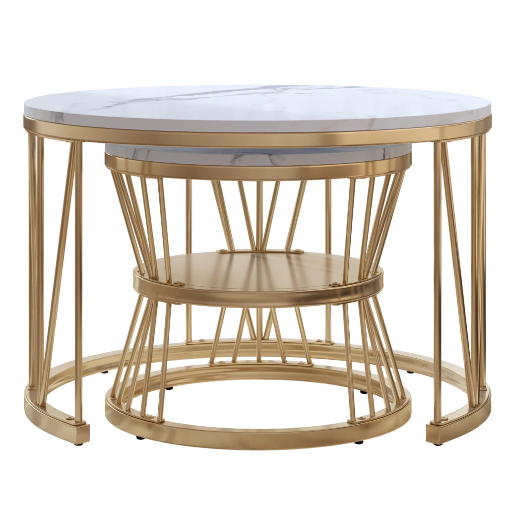 Tavolino da salotto rotondo 70x70x45 cm; set 2 pezzi sovrapponibile; tavolino salotto oro con metallo e piano effetto marmo nero