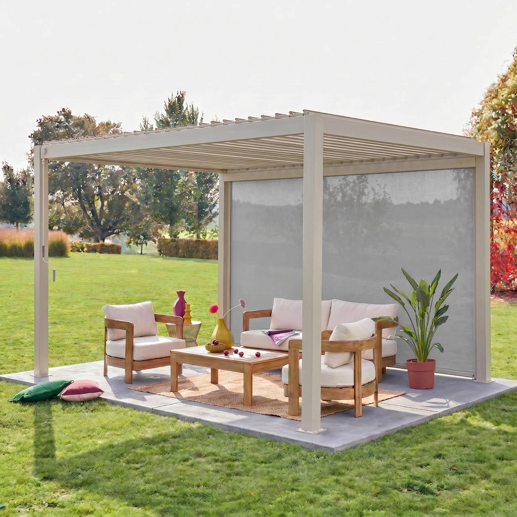 Pergola bioclimatica 3x4m in alluminio + tenda da sole 4m, beige