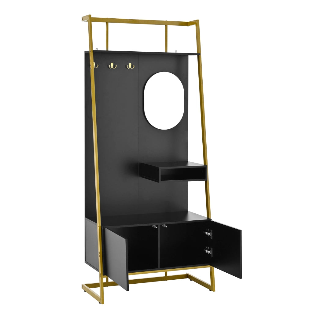 Mobile Ingresso con 2 Ante; Specchio; Ripiani e Ganci in Metallo; Stile Moderno; in MDF; 78??38;5??180;5 cm; Nero