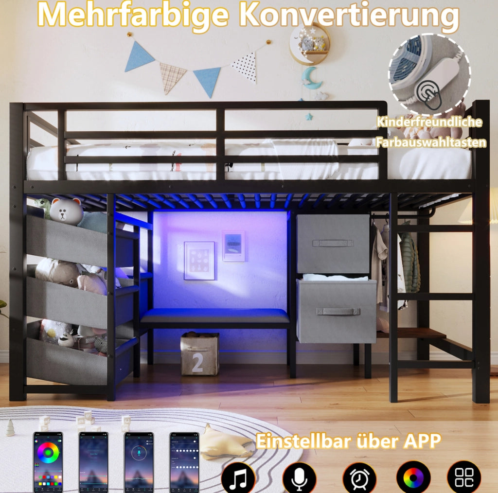 Letto rialzato 90 x 200 cm in metallo nero con LED, cuscino e contenimento