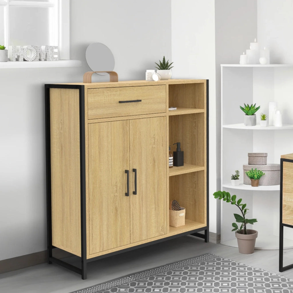 IDMarket - DETROIT mobile bagno 1 cassetto 2 ante armadio e ripiani design industriale