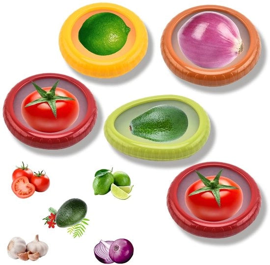 Set di 5 contenitori per frutta e verdura, scatola riutilizzabile in silicone, contenitore per frutta per limone/pomodoro/avocado, contenitore per frutta e verdura per conservare alimenti freschi