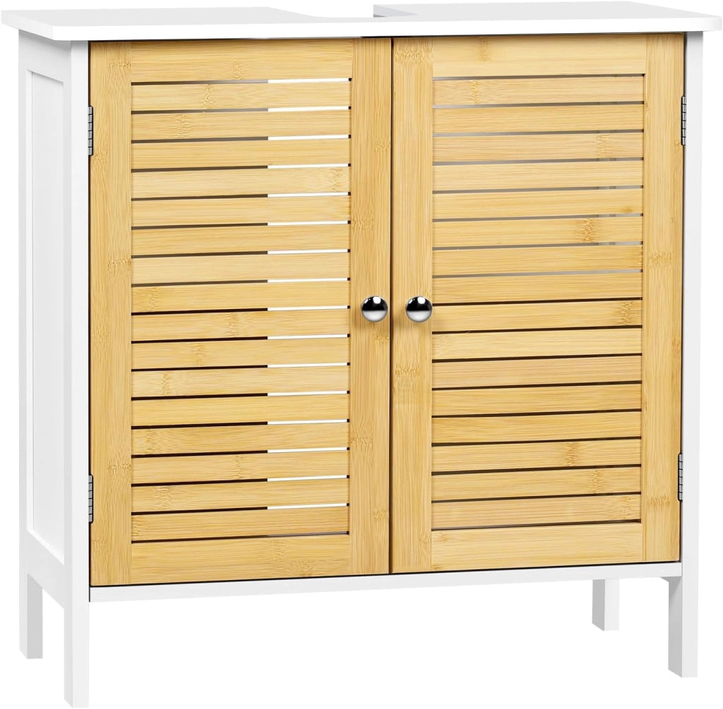 Mobile Sottolavello per Bagno, Mobiletto per Lavabo, Armadio a Pavimento con Ante e Ripiano Regolabile, Colore Bambù Naturale+Bianco, 60x30x60cm