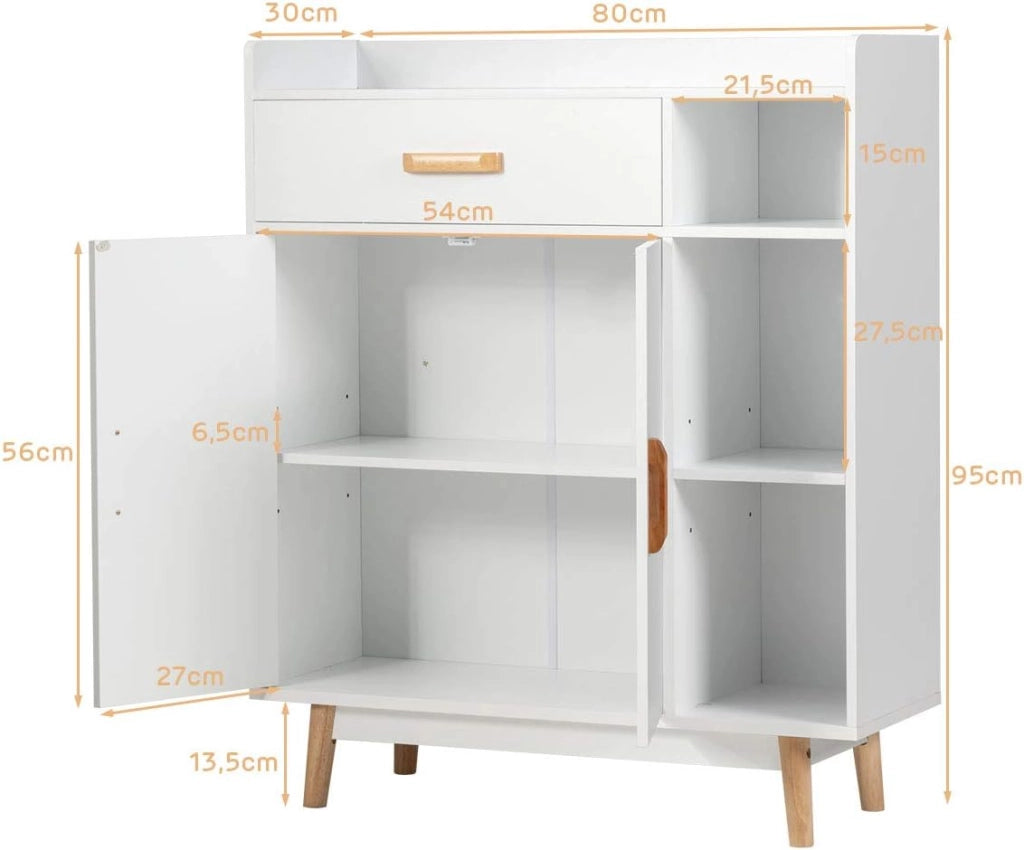 Cassettiera bianca con 1 cassetto e 2 ante e 3 scomparti aperti, armadietto autoportante con dispositivo di sicurezza ribaltabile, 80 x 30 x 95 cm
