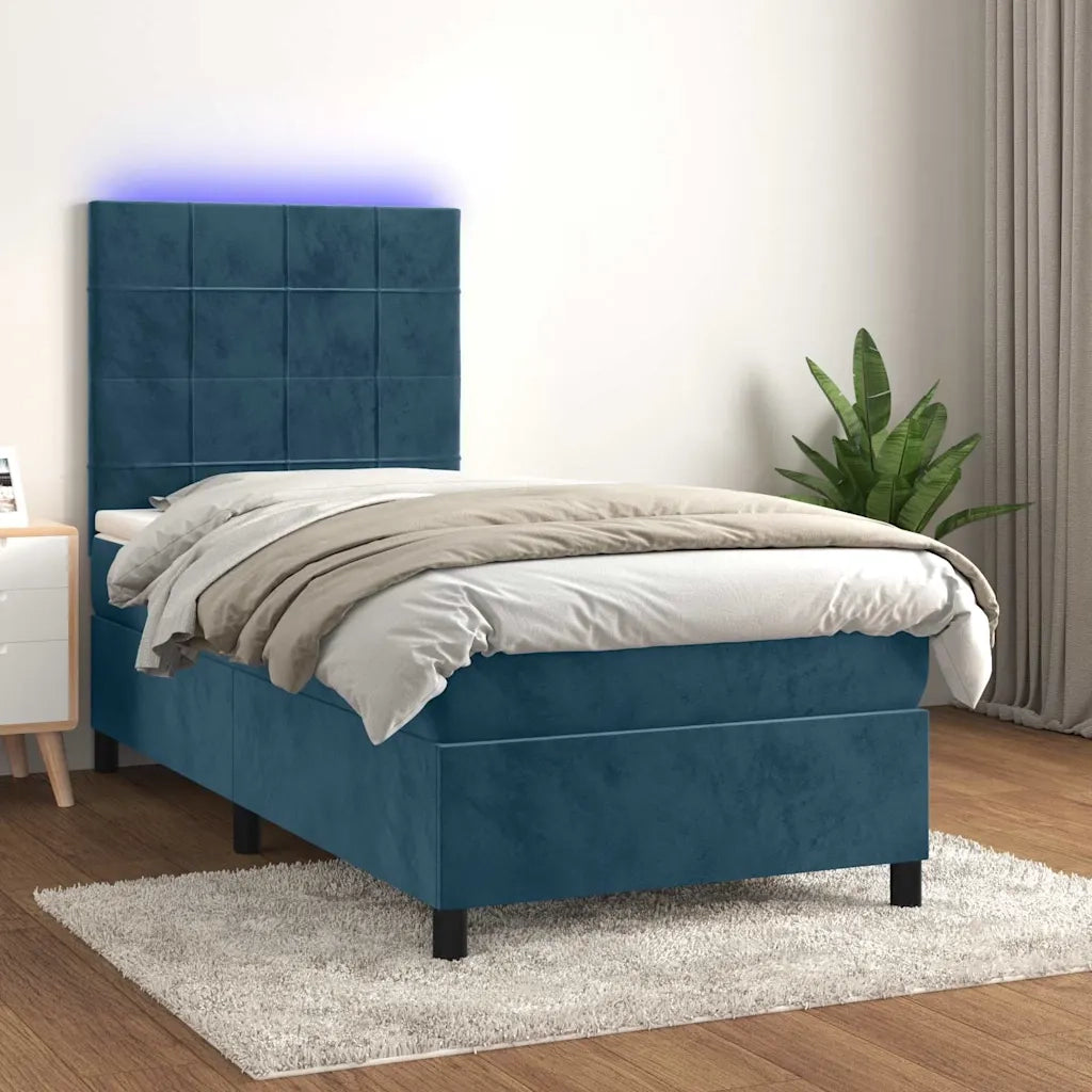 Letto a Molle con Materasso e LED Blu Scuro 90x200cm in Velluto 3136105