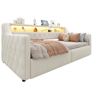 Letto a Divanetto 90x200 cm; con LED; USB e Type-C; contenitore idraulico in Lino; Beige