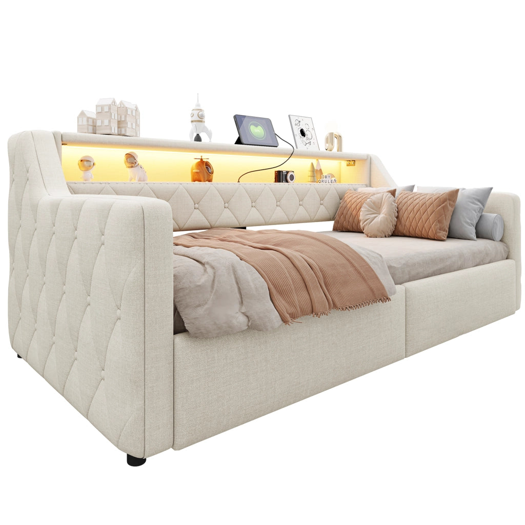 Letto a Divanetto 90x200 cm; con LED; USB e Type-C; contenitore idraulico in Lino; Beige