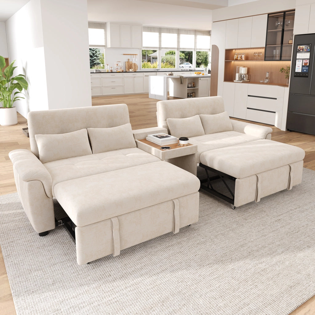 Divano letto estraibile a 2 posti letto con schienale reclinabile, console centrale con 2 portabicchieri, tessuto Chenille beige, 284¡Á138¡Á89 cm