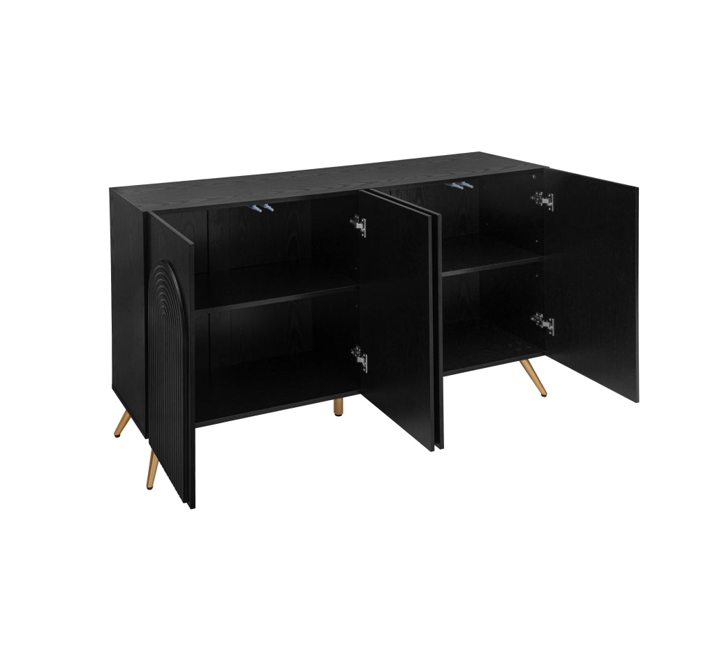Credenza Mid-Century con Ante ad Arco e Scanalature 3D ¨C MINIMAL ¨C Legno, Gambe Dorate, Nero