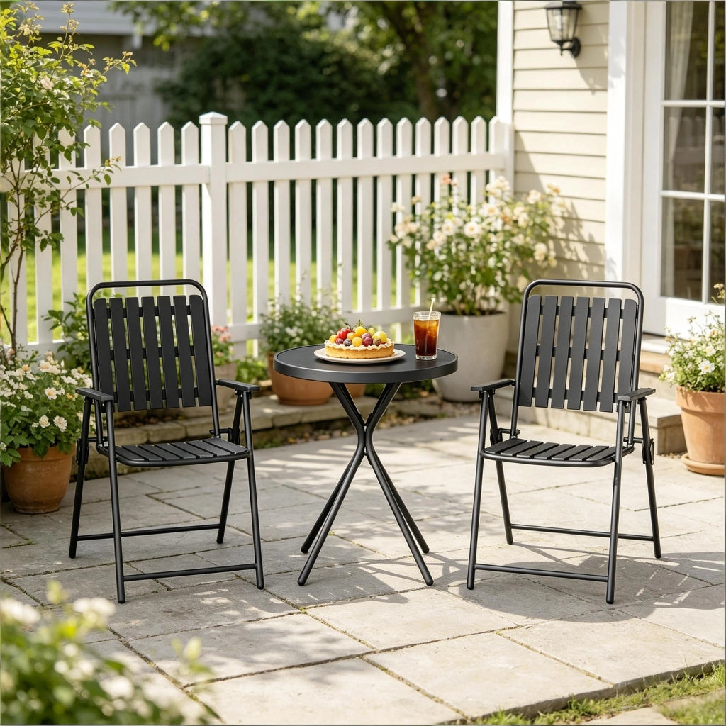 Tavolo E Sedie Da Giardino Pieghevoli - Salvaspazio - Tavolo 60 X 70 Cm - Ferro Vetro E Pp - Nero - Per Balcone E Giardino - Facile Da Riporre